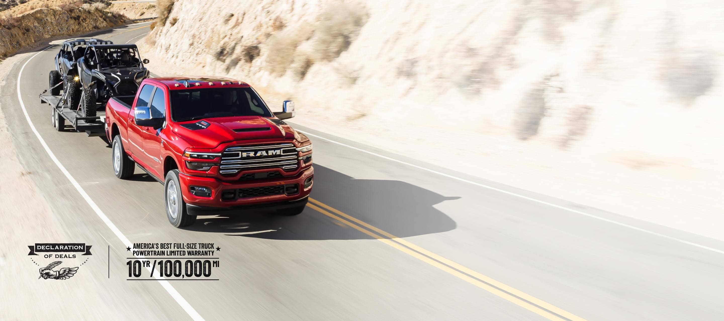A red 2026 Ram 2500 Laramie 4x4 Crew Cab traveling on a highway in the mountains, while towing two ATVs. America's Best Full-Size Truck Powertrain Limited.Warranty. 10-Year, 100,000-Mile. Declaration of Deals Sales Event.
