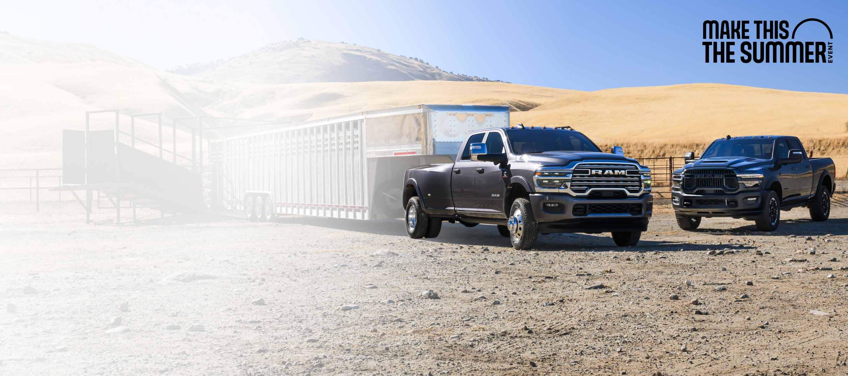 A black 2026 Ram 3500 Limited Longhorn 4x4 Crew Cab heavy-duty pickup towing a large livestock trailer. Make this the summer event.