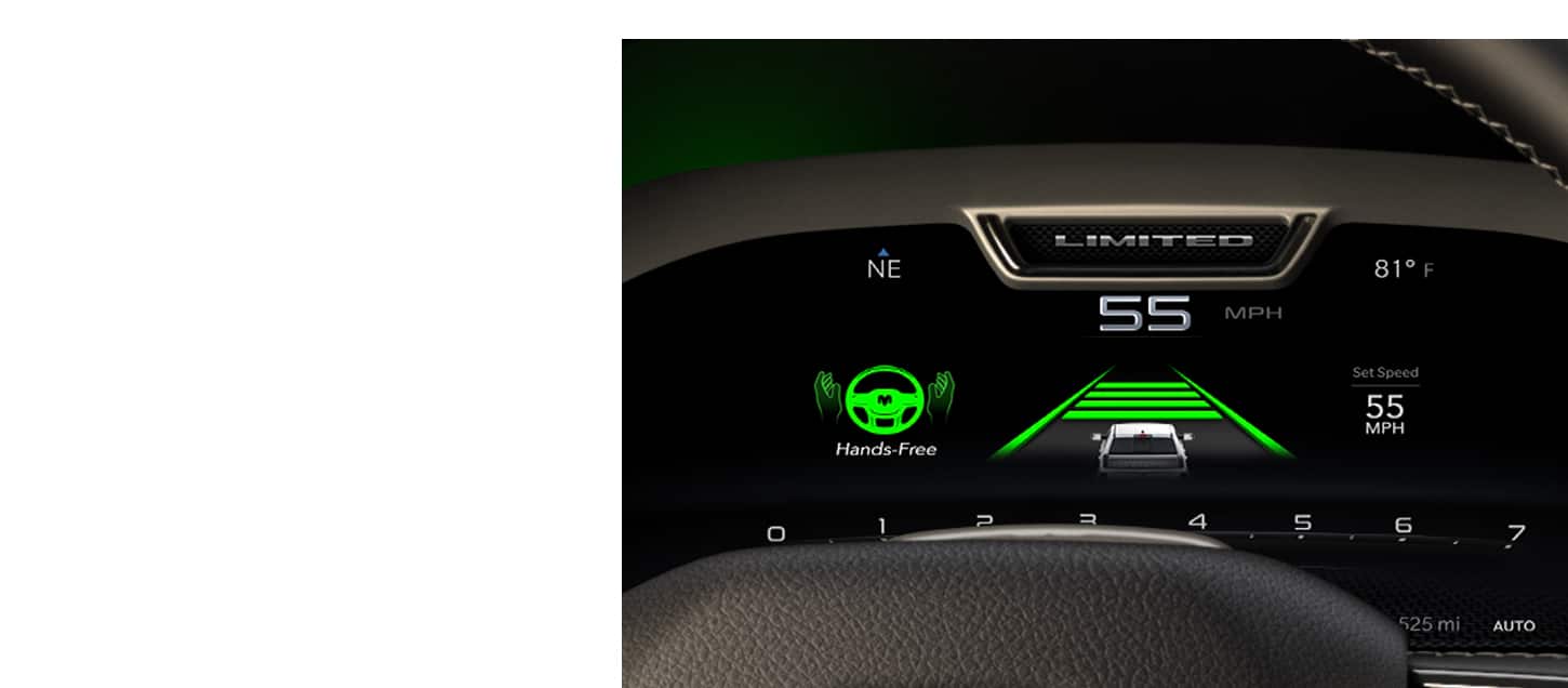 A close-up of the Digital Cluster in a 2025 Ram 1500 Limited displaying that Hands-Free Active Driving Assist is active.